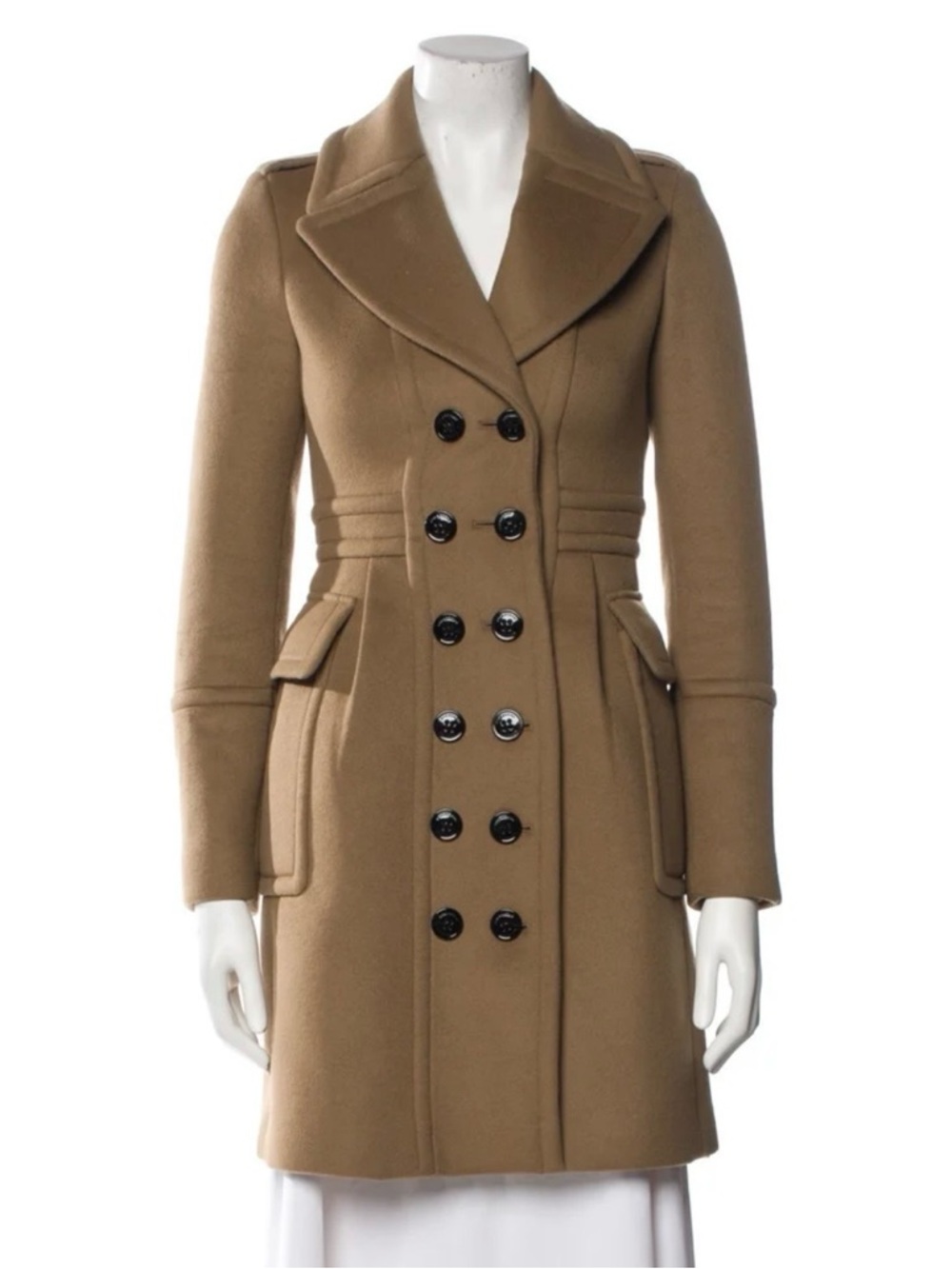Burberry Camel Double-Breasted Trench Coat with Black Buttons